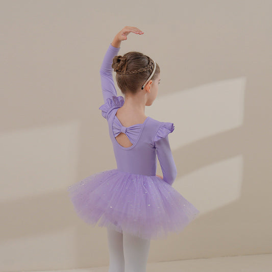 Sparkly chiffon Dance Dress for girls Dance Performance Clothing Detachable Tutu Dance Costume for kids cotton long sleeve