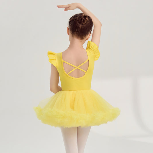 yellow kids Ballet Leotards with Gauze Skirt Princess dance dress  Flutter Sleeve  Detachable Tutu Dance Costume