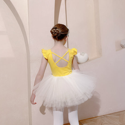 Ballerina Outfit for girls Detachable Tutu Dance Costume white/yellow cotton Performance Costume Crisscross Back Flutter Sleeve