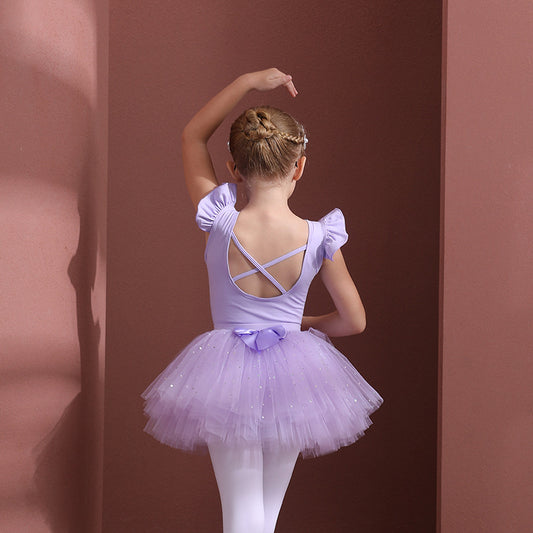 Girl Ballet Princess dress Detachable Tutu Dance Costume purple cotton Ballerina Outfit Flutter Sleeve Performance Costume