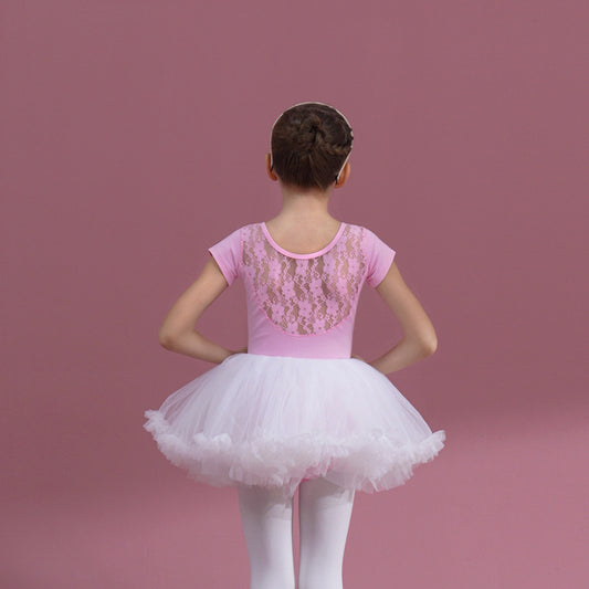 Lace back kids pink Ballet Leotards with white  Skirt Detachable Dance Costume girls Ballerina Outfit Dance Costume
