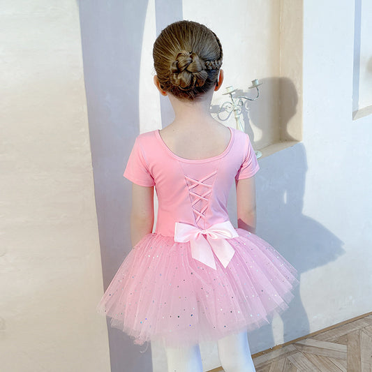 kids Ballet Tutu Skirts Gymnastics Leotard   Skirt Outfit Short Sleeve Ballerina Dress Set Performance Dance Wear