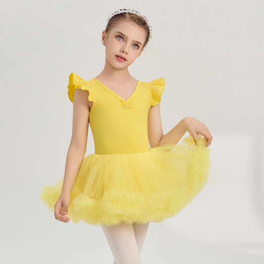 yellow kids Ballet Leotards with Gauze Skirt Princess dance dress  Flutter Sleeve  Detachable Tutu Dance Costume