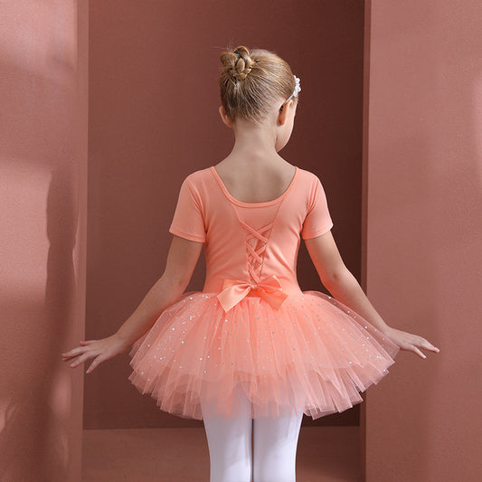 Orange girl ballet dress Kids Leotards Dance Tutu Skirt - Gymwear Professional Tutu Outfit Ballerina short-sleeved cotton