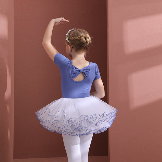 Blue children's ballet dress Knowkot Back short/long sleeve Girl Ballet Leotards with white Gauze Skirt  Detachable sets