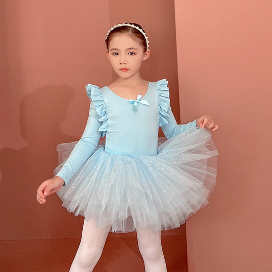 Sparkly chiffon Dance Dress for kids Detachable Tutu Dance Costume  Ballerina Outfit  Girls Flutter Sleeve Ballet Leotards