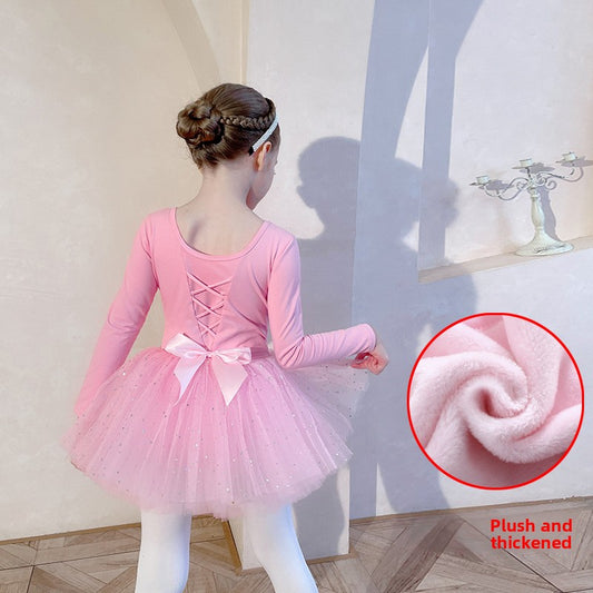 Thickened with fleece Girl Ballet Leotards with  tutu Skirt winter Kids Ballerina Outfit Girls Ballet Gauze Dress