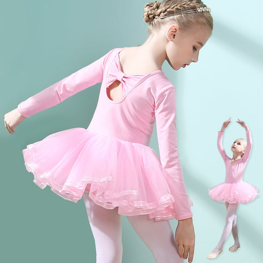 Pink High-end kids dance Princess dress  Ballerina Outfit girls Dance Performance Clothing cotton short/long sleeve