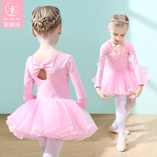 Pink High-end kids dance Princess dress  Ballerina Outfit girls Dance Performance Clothing cotton short/long sleeve