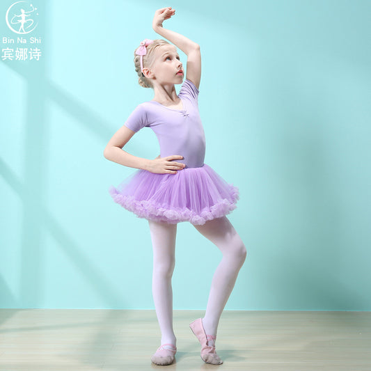 Children purple Ballerina Outfit  Girl cotton short sleeve Ballet Princess dress Dance Performance Clothing