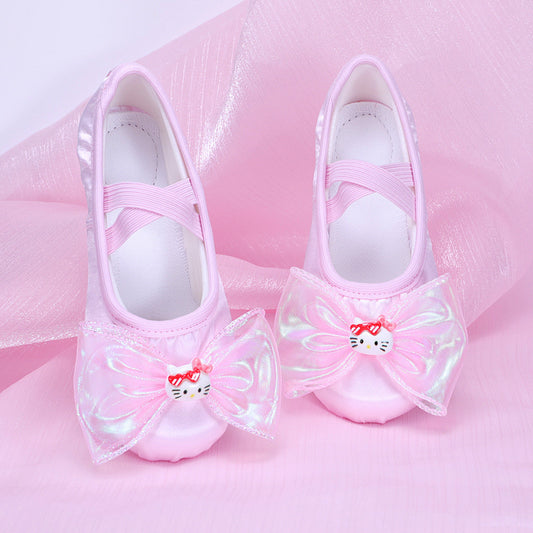 Children's dance shoes, pink bow soft-soled practice shoes, girls' soft ballet shoes for indoor stage performances and dancing