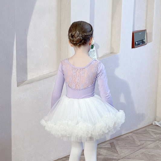 Lace strapless for girl ballet leotard+white skirt- long-sleeved kids' gymnastics suit / Performance Costumes Solid/Training Dress