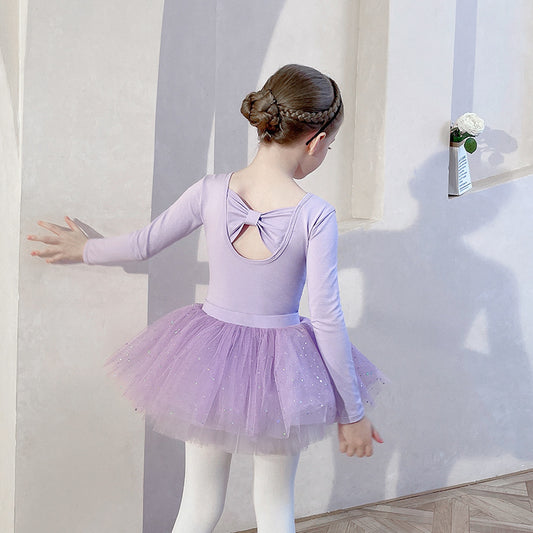 Princess dance girls dress Little Swan Artistic Skate wears detachable Tutu Dance Costume purple Knowkot Back long sleeve