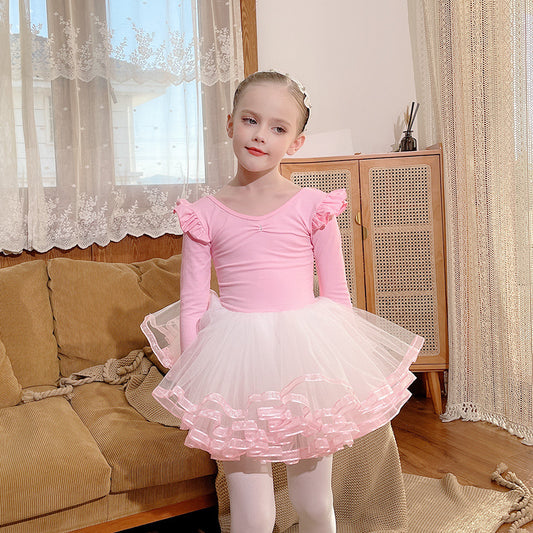 Long sleeve children ballet Princess dress Autumn and winter pink Detachable dance Leotards with Gauze Skirt