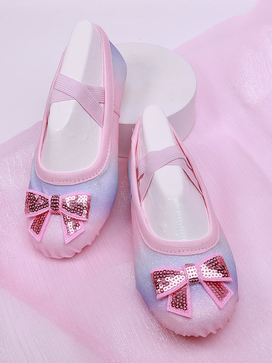 Gradient-color children's dance shoes, pink bow-buckle ballet shoes, anti-slip cat-clip shoes, professional performance shoes