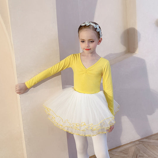 Off-white Girl Ballet Leotards with tutu Gauze  Skirt Detachable children Princess dress dance Training Performance Costume