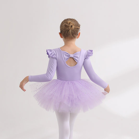 Children sparkly chiffon Dance Dress Separate Detachable Tutu Dance Costume cotton short/long sleeve risscross Back