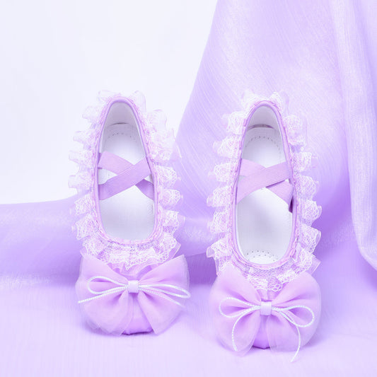 Purple performance dance shoes, children's lace ballet shoes, two-heel anti-slip cat-claw shoes, soft-soled shoes
