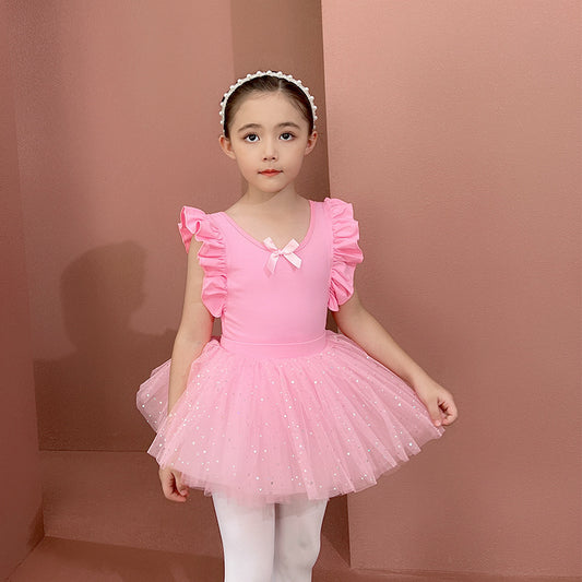 Kids Flutter Sleeve Ballet Leotards Pink  Detachable Tutu Dance Costume for girls  cotton Ballerina Outfit Gauze Dress