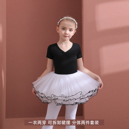 kids Ballerina Outfit  Detachable Tutu Dance Costume Girls Ballet Gauze Dress cotton Short/Long Sleeve black