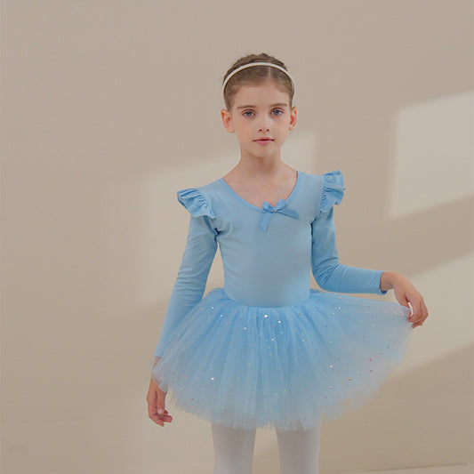 Blue long-sleeved shirt Girl Ballet Leotards with Skirt  Ballerina Outfit for kids Princess dress cotton long sleeve