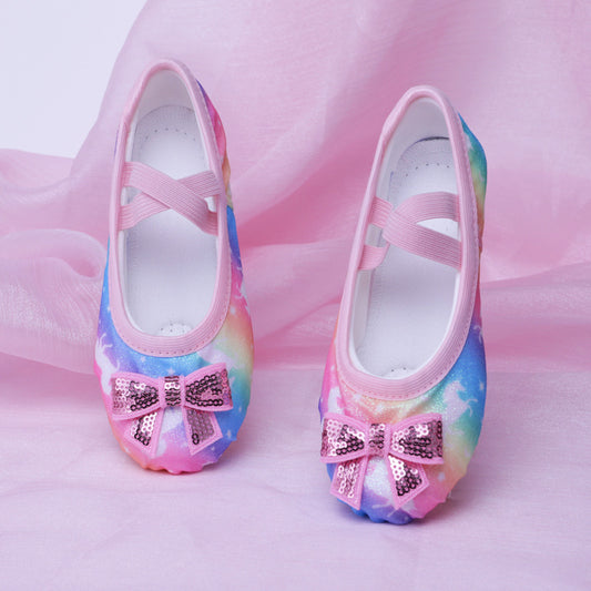 Colorful dance shoes, children's bow-shaped ballet shoes, dance anti-slip shoes, soft-bottom cat scratch performance shoes