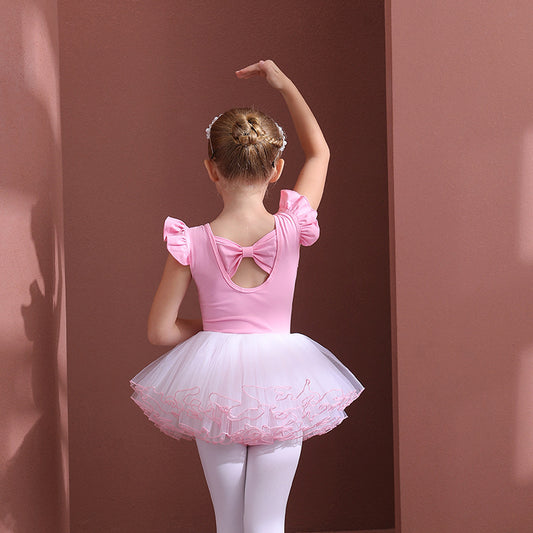 Girls Flutter Sleeve Ballet Leotards Princess dress kids Ballet Leotards with Skirt Practice Dress Up cotton bow tie Back