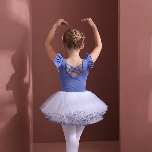 Blue kids Detachable Tutu Dance Costume girl's ballet Princess dress Practice Dress Up Crisscross Back long sleeve/sleeveless
