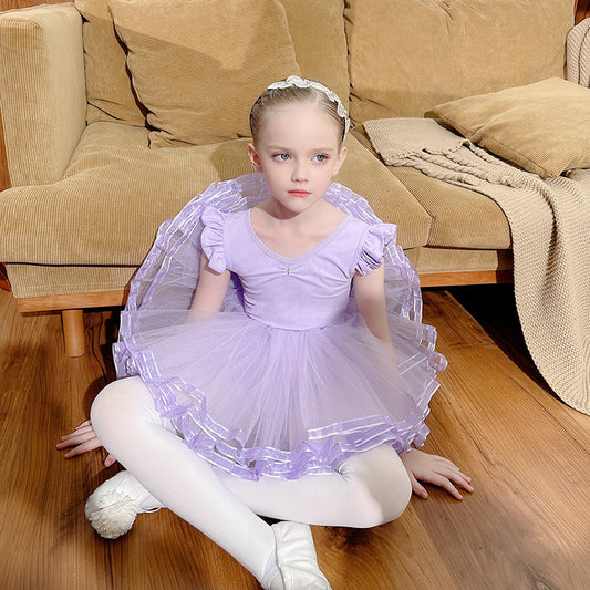 Grils Ballet Leotards with purple Skirt Detachable  Flutter Sleeve Performance  kids dance Gauze Dress Crisscross Back
