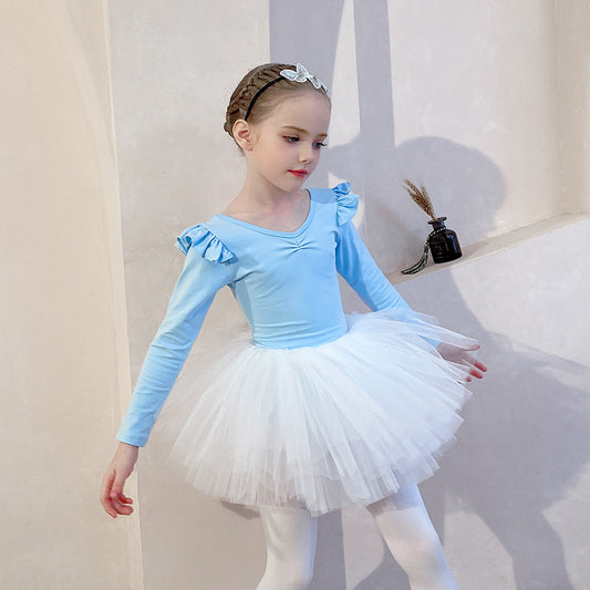 Ballet Leotards 4 Layers Puffy Tutu Skirt  for girls short/long slevee Dance Dancer Outfit Rhythmic Gymnastics Bodysuit Dress bule
