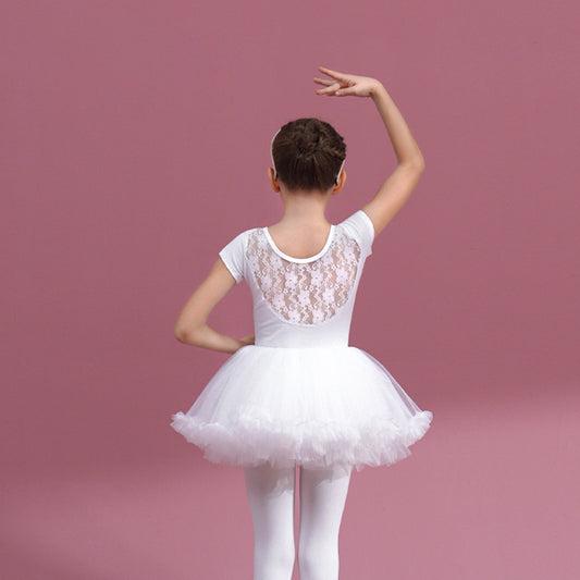 Lace back kids pink Ballet Leotards with white  Skirt Detachable Dance Costume girls Ballerina Outfit Dance Costume