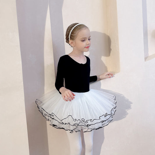 Black Backless Girls' Ballet Dress 4 Layers Silk Dance Clothes Grading Split Ballet Dress for Kids Leotard Gymnastics Long Sleeve