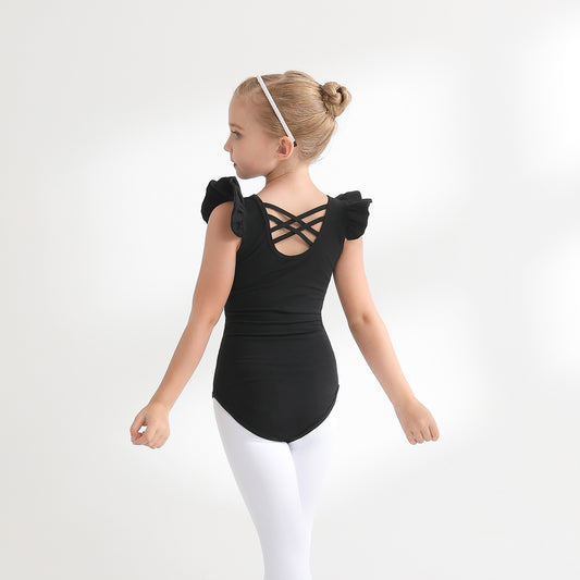 Little Swan Artistic Skate wears black  Girl Ballet Leotards kids cotton Crisscross Back  Jumpsuit  Flutter Sleeve