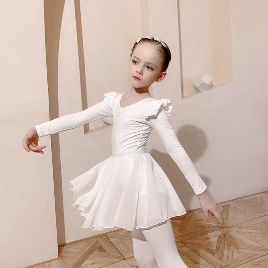 Girl white Ballet Leotards with Chiffon Skirt  Autumn and winter kids Detachable Tutu Dance Costume Dance Performance Clothing