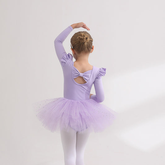 Children sparkly chiffon Dance Dress Separate Detachable Tutu Dance Costume cotton short/long sleeve risscross Back