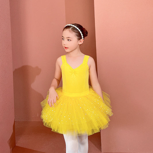 kids Sparkly chiffon Dance Dress yellow Sling Princess dress etachable Tutu Dance Costume Performance Costume