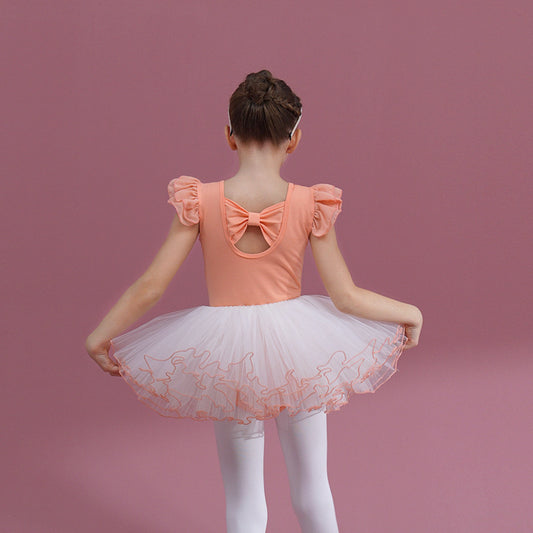 Orange High quality Butterfly Back kids dance dress Detachable Girl Ballet cotton Leotards with white tutu Skirt