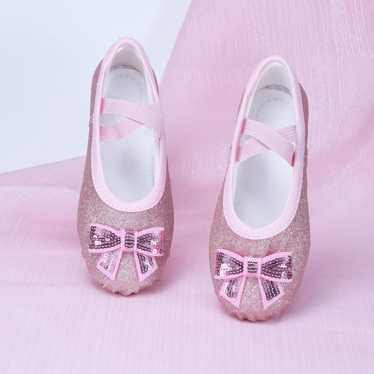 Pink soft-soled children's dance shoes, dancing shoes, glittering butterfly performance shoes, baby indoor cat-claw shoes