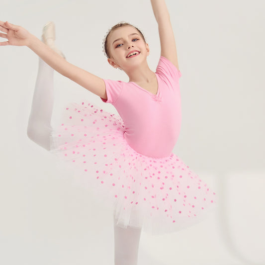 Pink dots Girl Ballet Princess dress  Detachable Tutu Dance Costume short sleeve cotton Ballerina Outfit