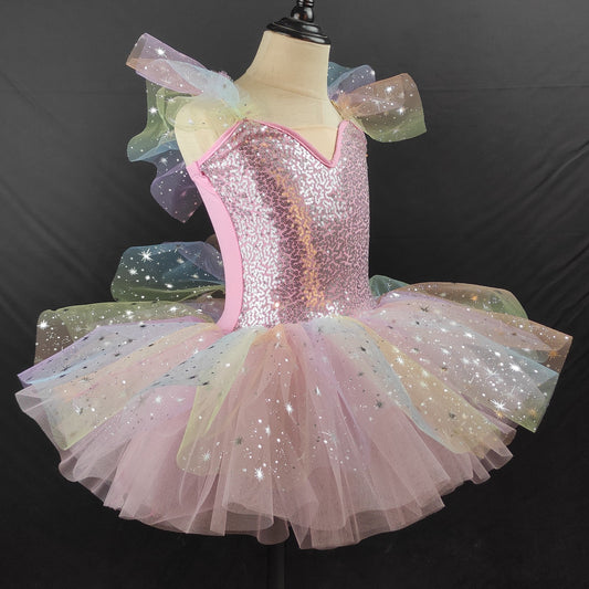 Girls' ballet dress with straps chiffon dress children's puff-sleeved dress performance outfit little swan princess dress