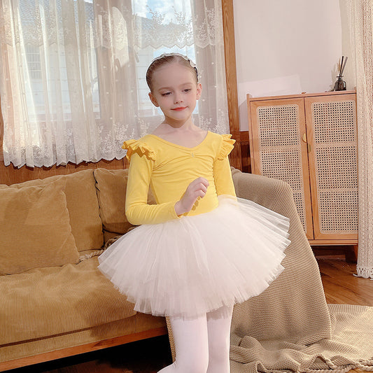 High quality Yellow long-sleeved shirt Girl Ballet Leotards with white tutu Skirt  Princess dress suits children Ballerina Outfit