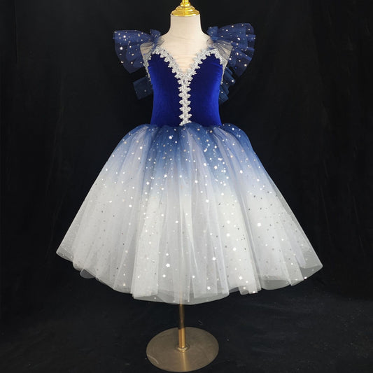 ballet dress bandeau chiffon dress children's puff skirt performance outfit  infant dance performance outfit  royal blue