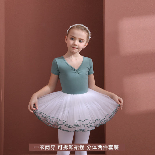 Kids' Ballet Dress Detachable Dance Costume for girls Short/Long Sleeves White 4-layer Silk  Bow Back Green