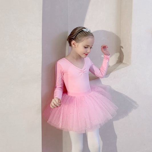 Pink Knowkot girl Ballerina Outfit short/long sleeve Ballet Leotards with tutu Skirt Detachable dance Costume cotton