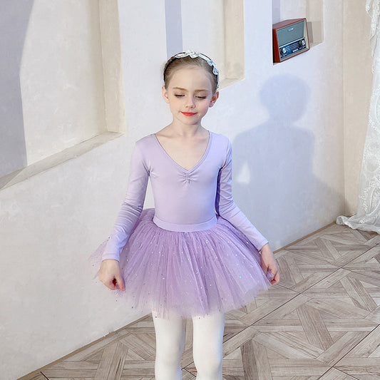 Princess dance girls dress Little Swan Artistic Skate wears detachable Tutu Dance Costume purple Knowkot Back long sleeve
