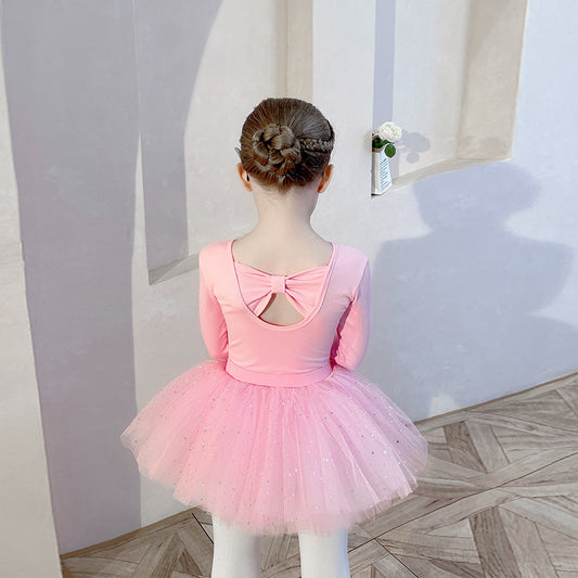 Pink Knowkot girl Ballerina Outfit short/long sleeve Ballet Leotards with tutu Skirt Detachable dance Costume cotton