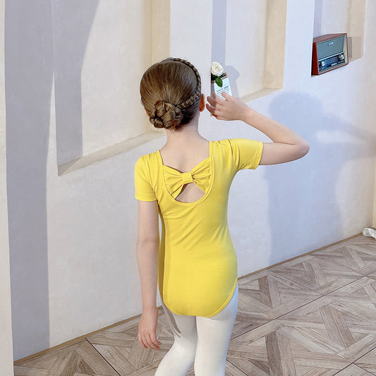 Short Sleeve kids Ballet Leotards Cotton  Knowkot Back Dance Performance Clothing  Ballerina Outfit yellow dance Costume