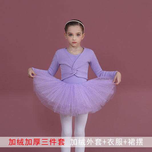 Purple kids Girl Ballet Leotards with Skirt +Coats 3 pieces sets  fleece-lined and thickened Princess Little Swan Artistic Skate wears
