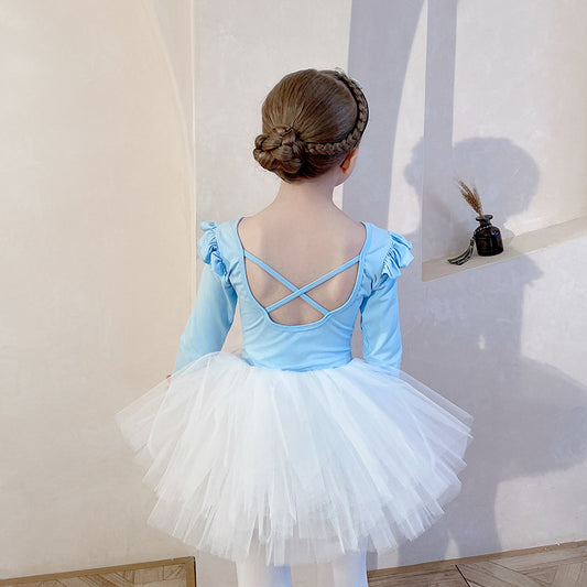 Ballet Leotards 4 Layers Puffy Tutu Skirt  for girls short/long slevee Dance Dancer Outfit Rhythmic Gymnastics Bodysuit Dress bule