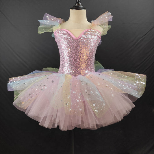 Girls' ballet dress with straps chiffon dress children's puff-sleeved dress performance outfit little swan princess dress